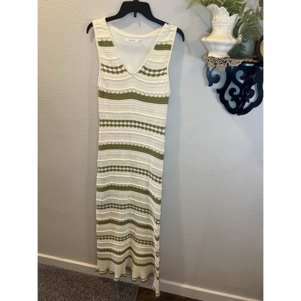 idem ditto Cream Olive Green Crochet Maxi Dress Sz L Boho Western Cottage As Is - Picture 4 of 14